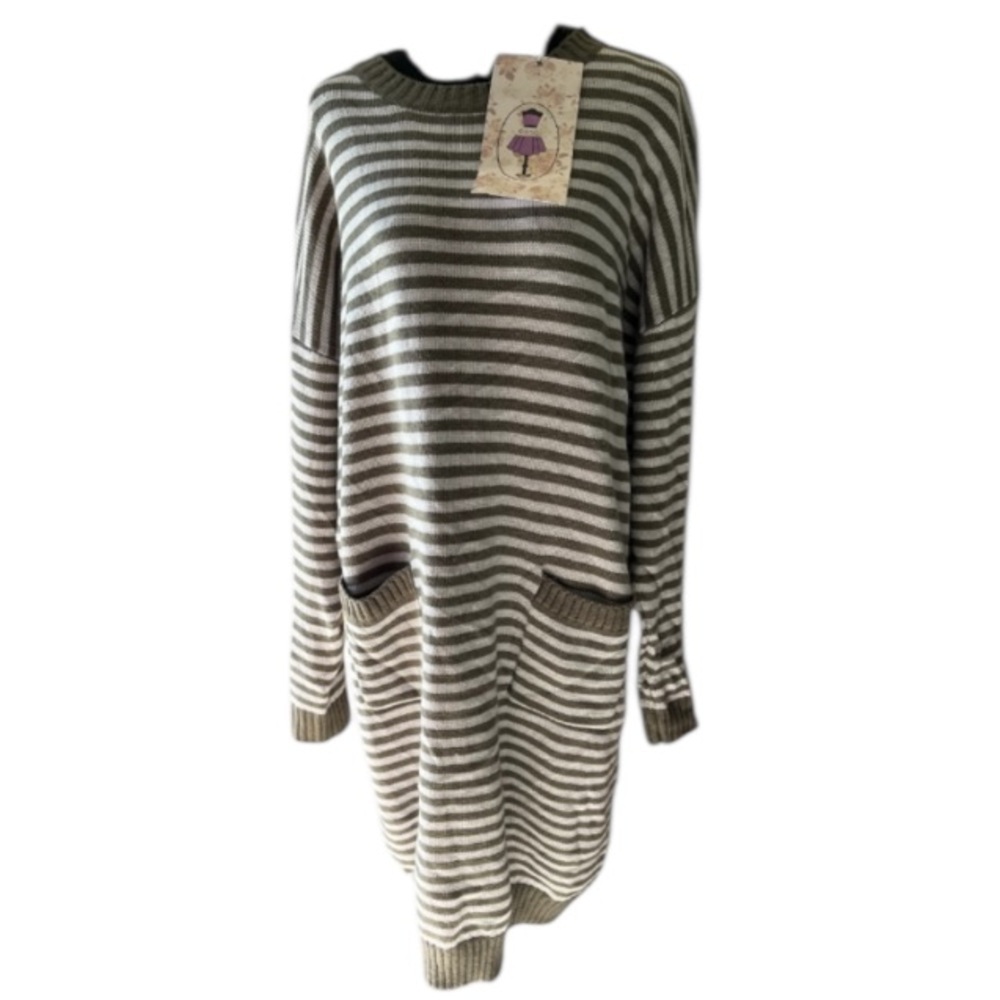 🆕 Easel Women's M Green Striped Knit Sweater Dress w/ Pockets Casual Oversized